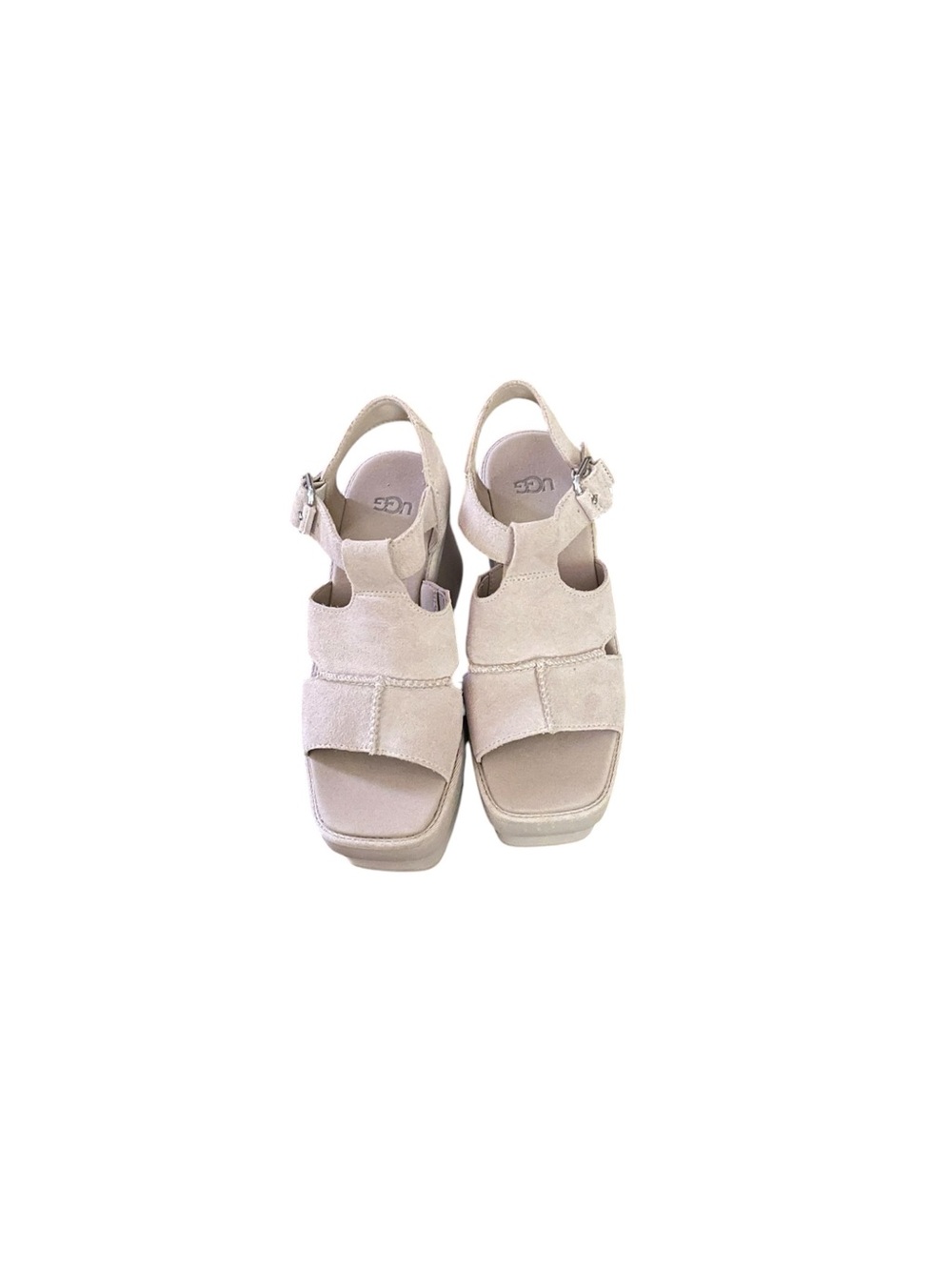 UGG New Heights Platform T-Strap Sandals Suede Mustard Seed Beige 7.5 NWT
